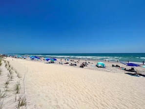 A beach with multiple umbrellas and beach chairs, a sandy shore, and the ocean in the background.