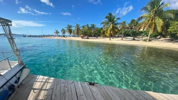 A wooden pier leading to a clear turquoise sea with a sandy beach and palm trees in the background. - Oceanfront, Remodeled 2BR- 2 King Size Beds / 2BA Condo at Ocean's View (Christiansted)