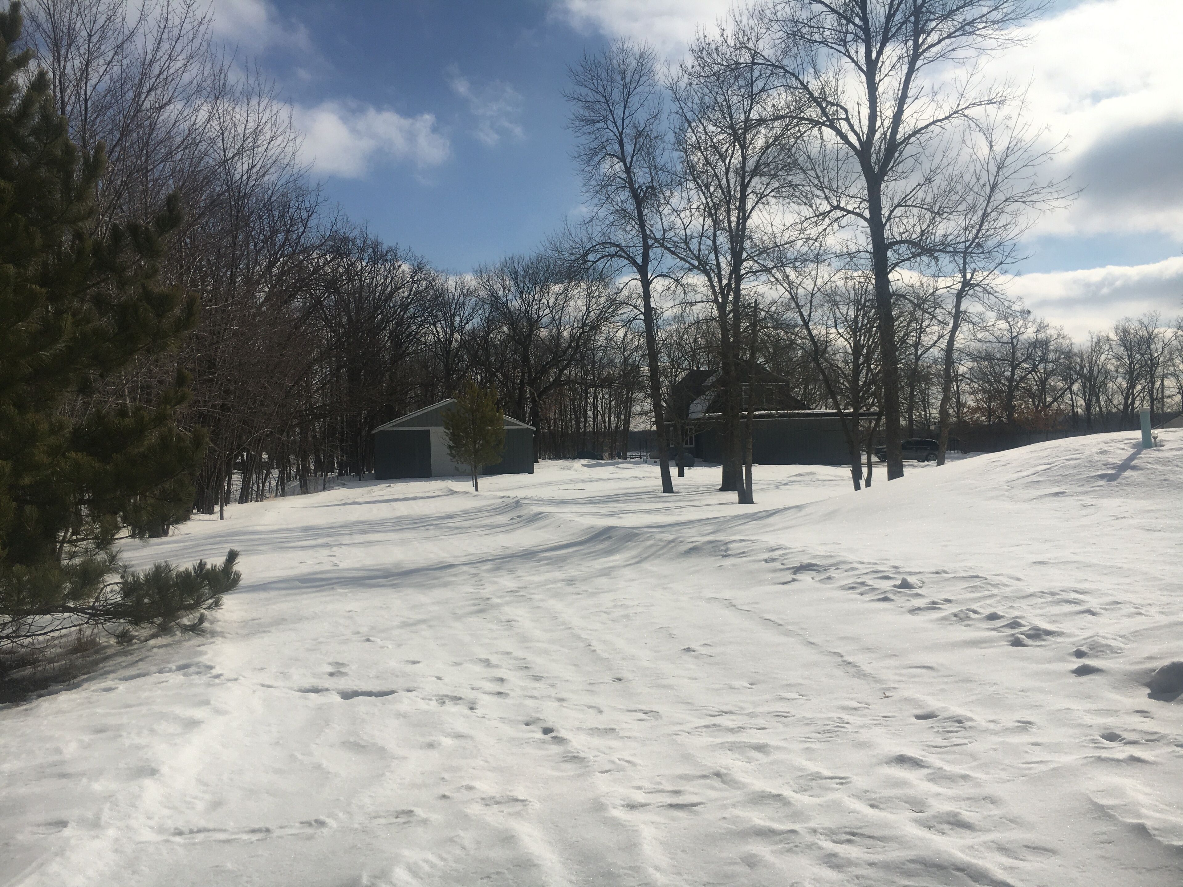 Ett snötäckt landskap med en byggnad och träd.