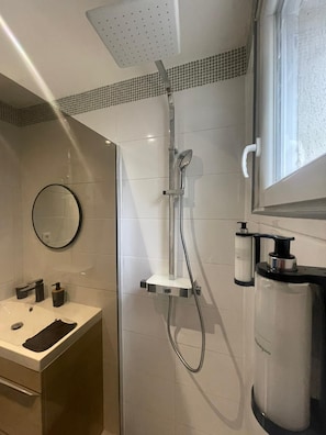 Shower, hair dryer, towels, soap