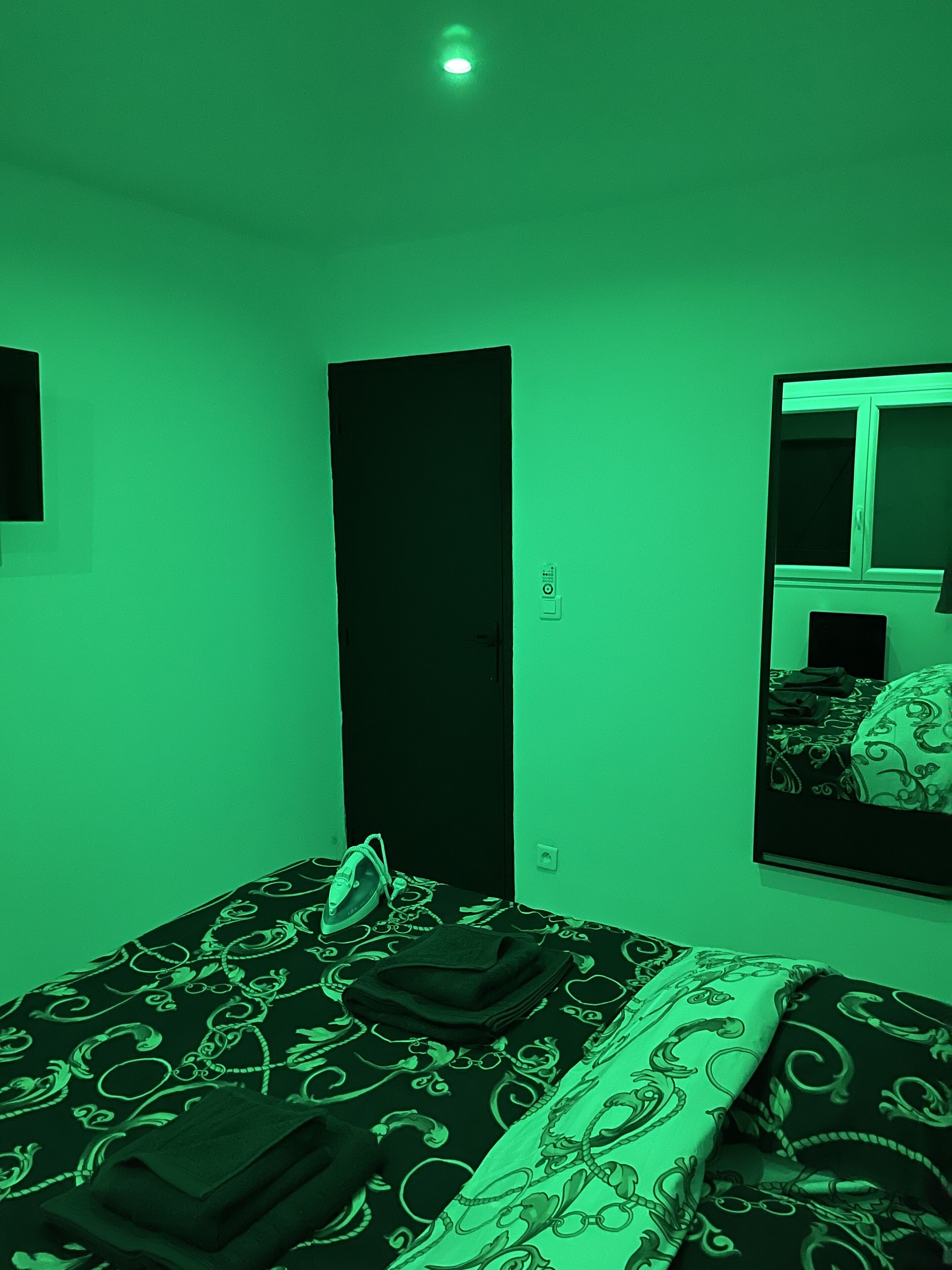 A room with a bed, a mirror, and a door.