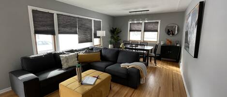 Smart TV, fireplace, foosball, books