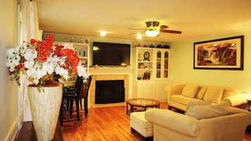 Smart TV, fireplace, books, printers