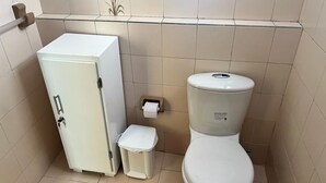 Et lille badeværelse med toilet, skraldespand og skab.