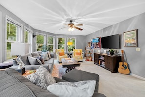 Smart TV, fireplace, books