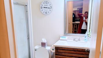 Tina con regadera, secadora de cabello, toallas, jabón