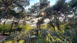 A garden with trees, a swing, and a fence. - Holiday apartment Beach apartment Petra (Pula)