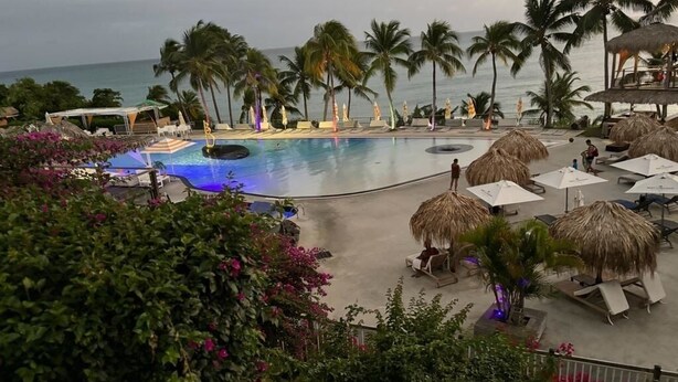 Un espace aménagé au bord de la piscine, avec des chaises longues, des palmiers et une vue sur l’océan.