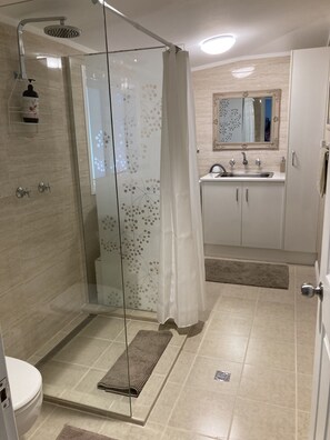 Shower, hair dryer, towels, soap