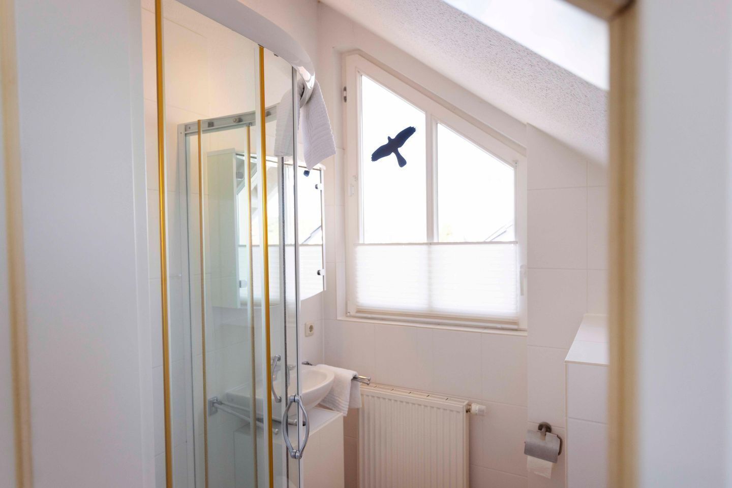 Une salle de bain avec une douche à parois de verre, un lavabo blanc, une fenêtre avec des stores et un radiateur.