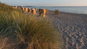 A beach with wooden beach huts numbered 59 and 62, a sandy shore, and a calm sea in the background.