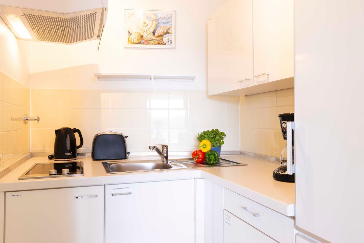 Kühlschrank, Mikrowelle, Herdplatte, Wasserkocher mit Kaffee-/Teezubehör