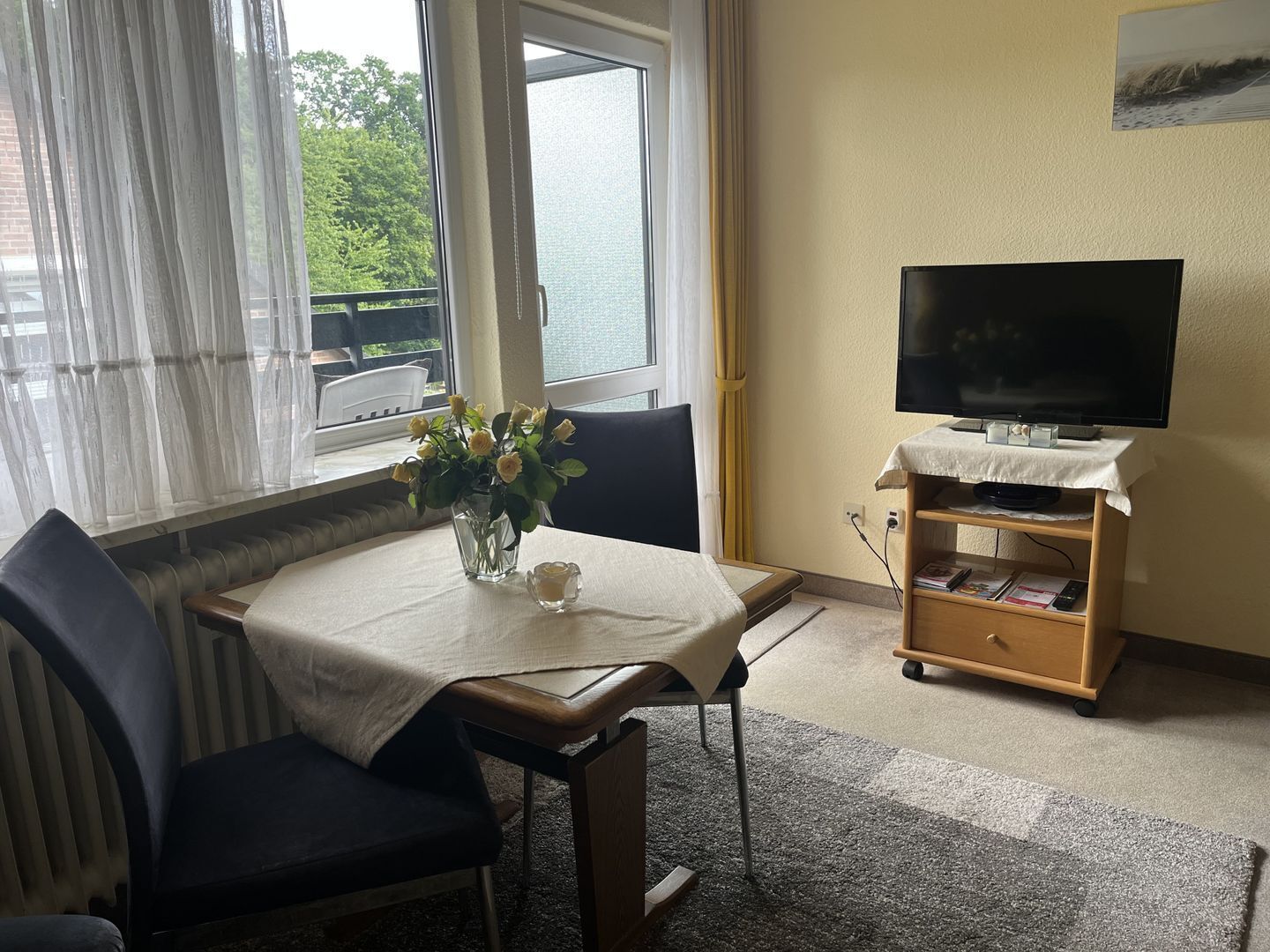 Une pièce comprenant une table à manger, des chaises, un téléviseur posé sur un meuble en bois et une fenêtre avec des rideaux.