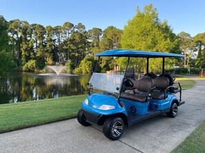 A blue golf cart parked on a paved path beside a pond with a fountain, surrounded by lush greenery and trees. - Emerald Villa - Sandestin®  2BR/2.5BA Cart/Beach! (Miramar Beach)