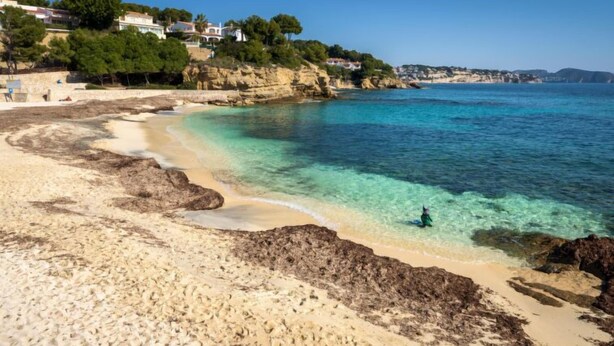 Una playa con agua turquesa cristalina, orilla de arena y casas al fondo.