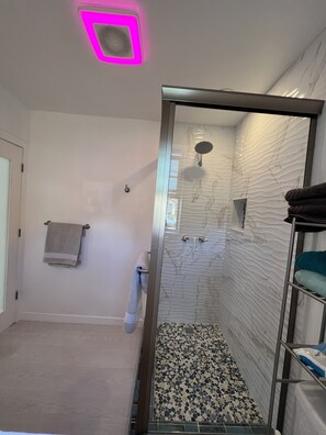 Shower, hair dryer, towels, soap