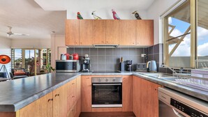 A modern kitchen with wooden cabinets, a built-in oven, a dishwasher, and a large window. - The Parap Markets Stay | Walk to Markets & Cafés (Parap)