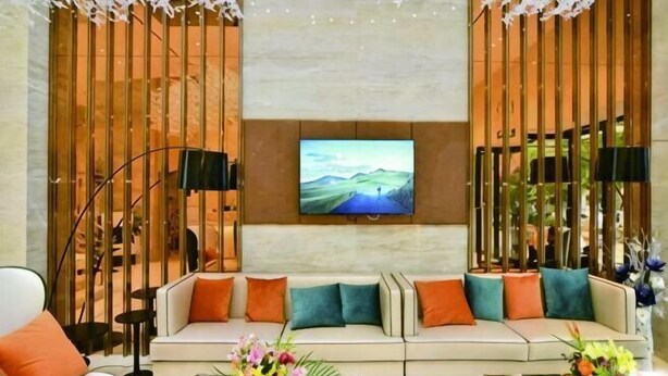 Una sala de estar moderna con un sofá, un televisor de pantalla plana y plantas decorativas.