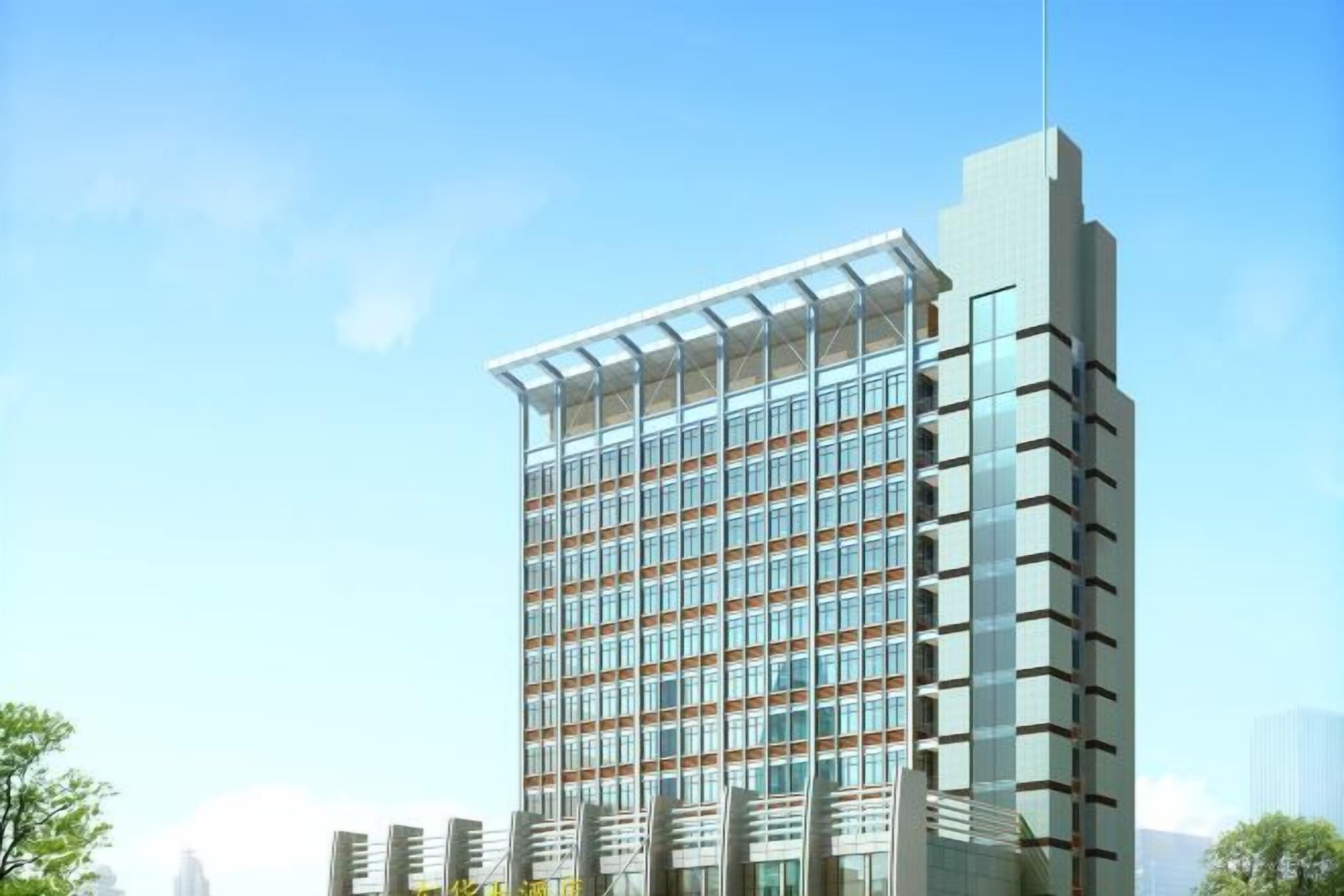 Un moderno edificio de gran altura con una fachada de ventanas enrejada y techo plano.