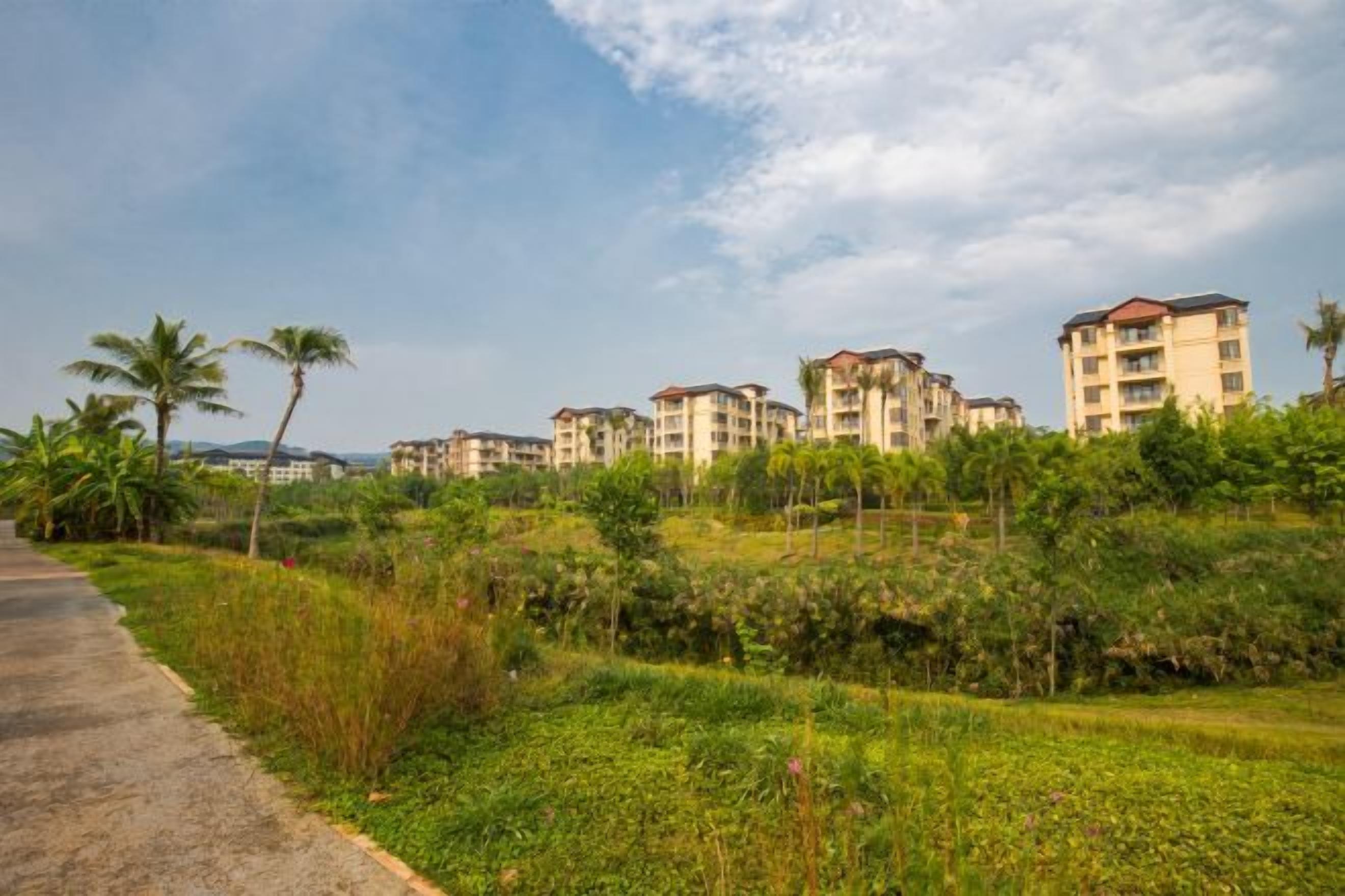 A residential area with multi-story buildings, a paved road, and greenery.