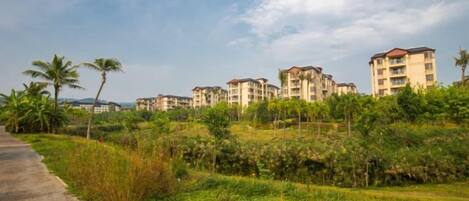 A residential area with multi-story buildings, a paved road, and greenery.