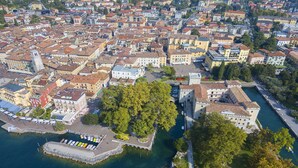 Une vue aérienne d’une zone urbaine densément peuplée, avec un front de mer bien visible, un grand arbre et un bâtiment historique doté d’une tour.
