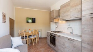 Una cocina compacta con armarios de madera, estufa a gas y salpicadero de azulejos.
