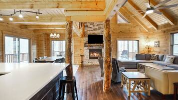 Smart TV, fireplace, video games, DVD player