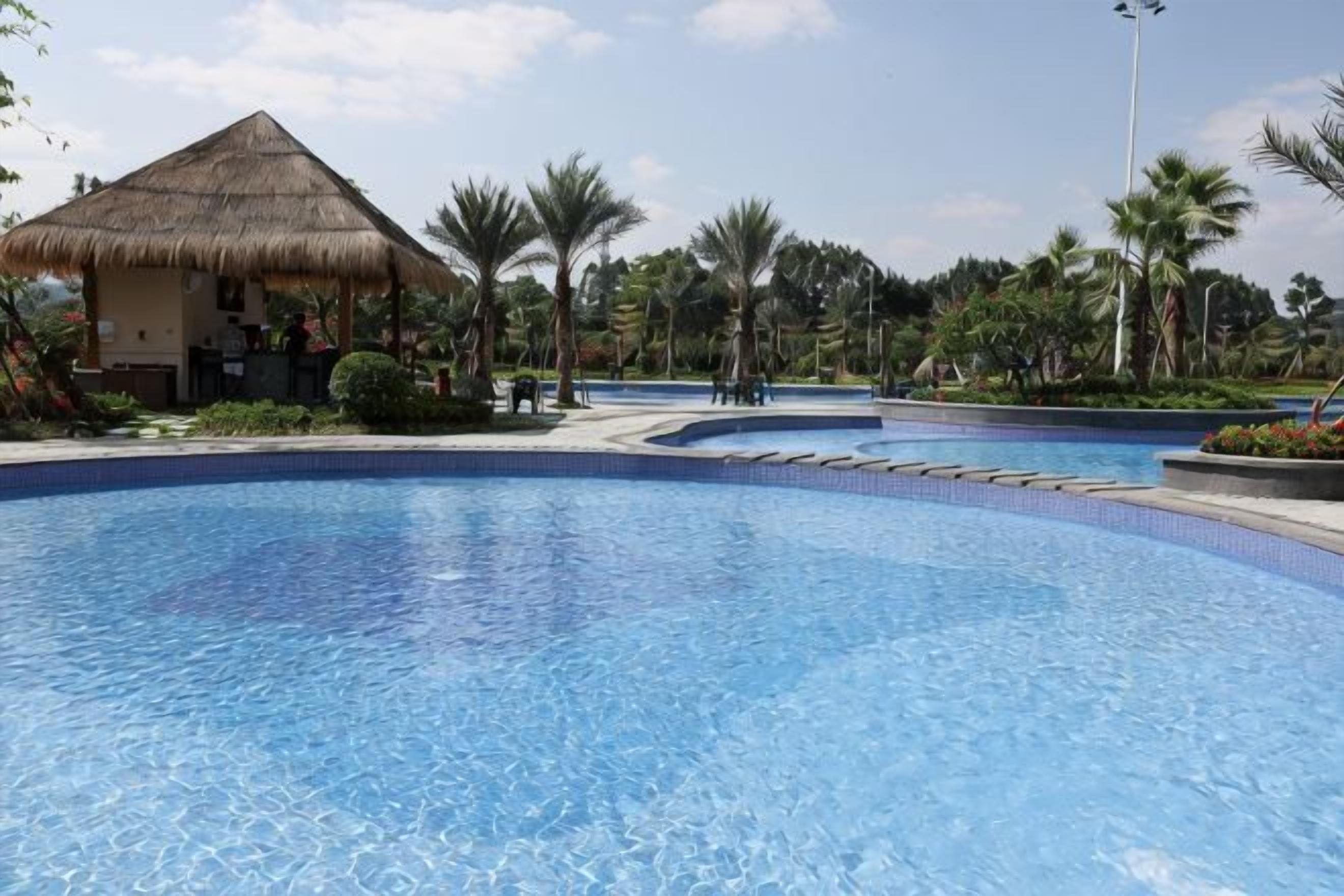 Ein Swimmingpool mit einer strohgedeckten Struktur und Palmen im Hintergrund.