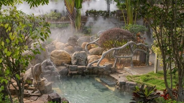 A hot spring area with a stone pool, rocks, and a bridge.