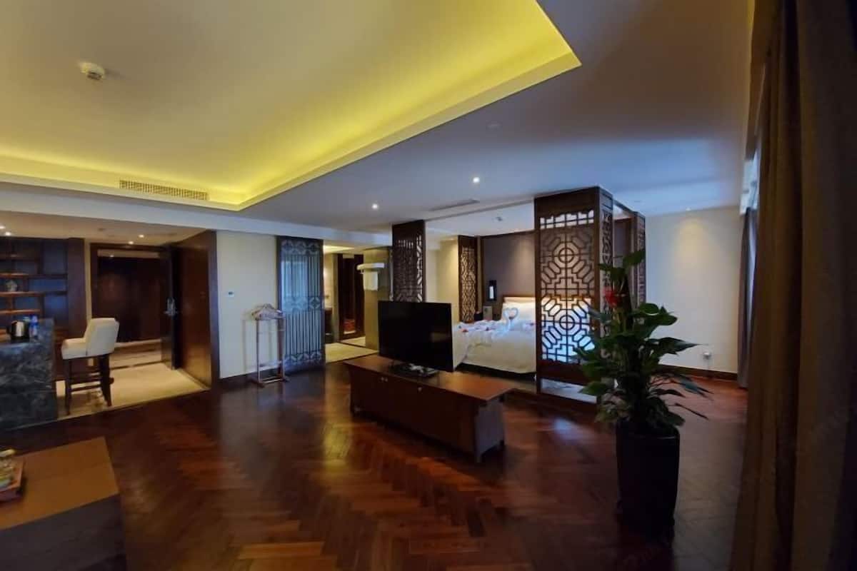 Una habitación de hotel moderna con suelo de madera, sofá, televisor, cama y paneles decorativos.