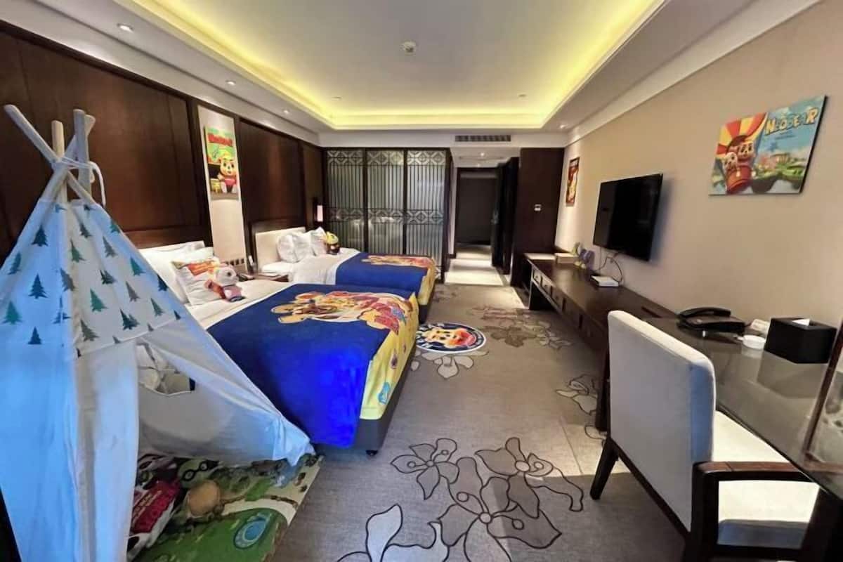 Habitación de hotel con cama, escritorio, silla, televisor y una estructura parecida a una tienda de campaña.