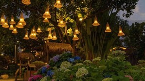 A garden with hanging lights and a thatched structure.