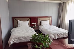 Habitación de hotel con dos camas, una mesita de noche, un televisor y una planta en maceta.