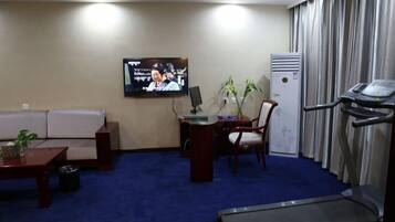 Quarto de hotel com televisão, equipamentos de ginástica, sofá, escrivaninha e planta em vaso.