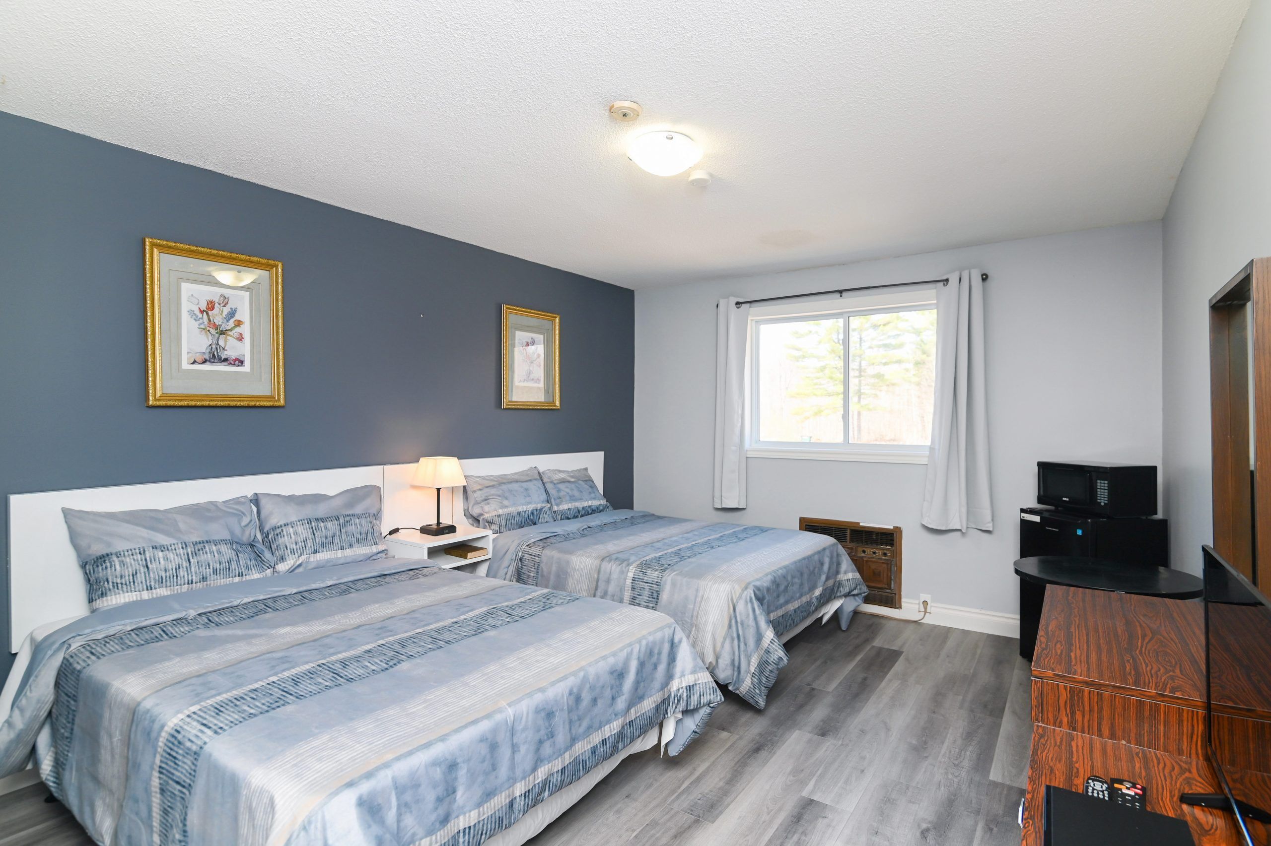 Une chambre avec deux lits, une table de chevet, une commode, une fenêtre avec des rideaux et un luminaire au plafond.