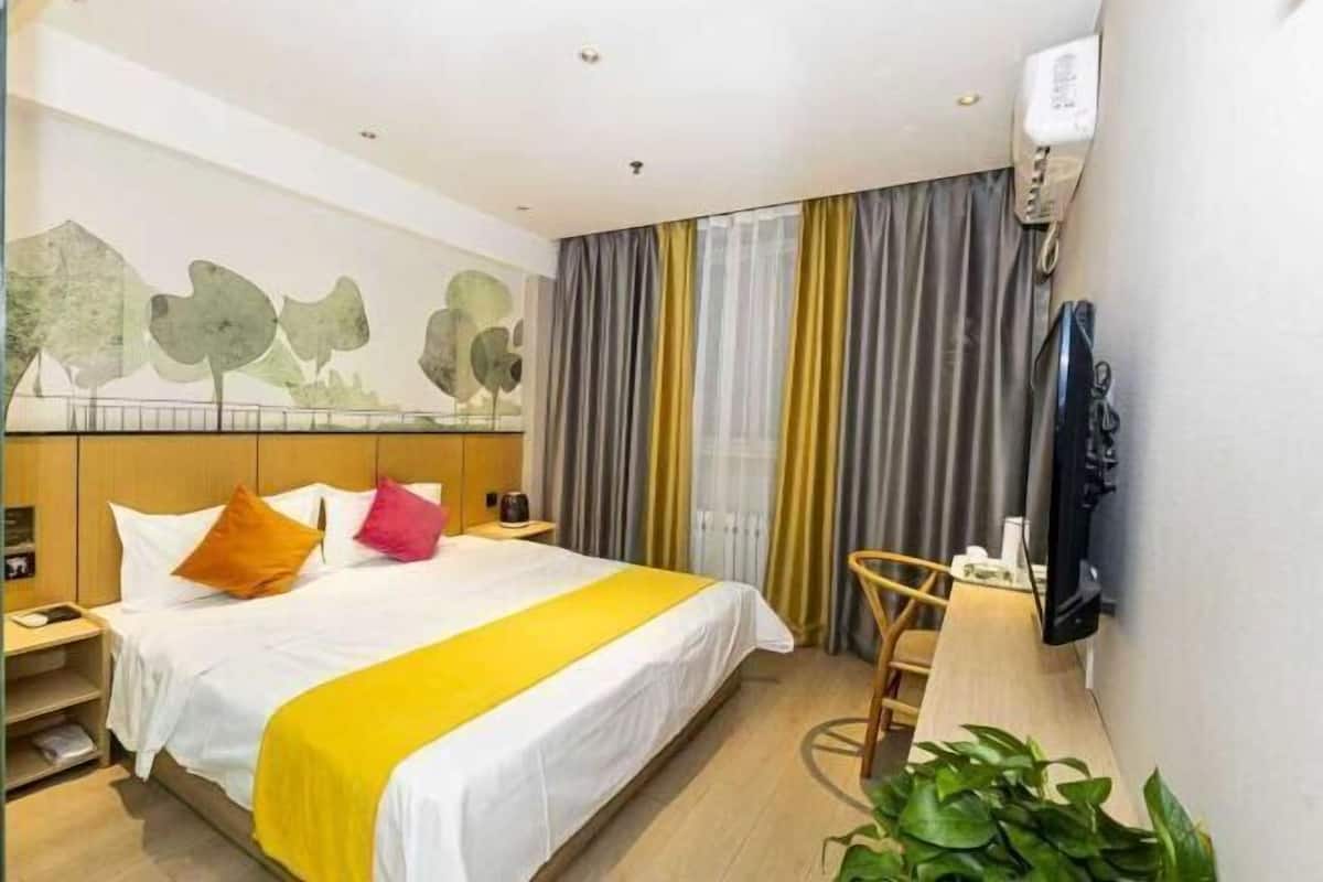 Hotellihuone, jossa on sänky, työpöytä, tuoli, televisio ja kasvi.