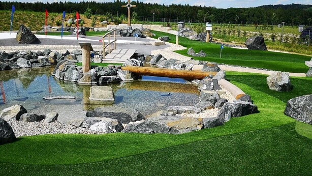 A landscaped area with a pond, rocks, and a wooden structure. - HoLiDay HouSE Allgäu (Ottobeuren)