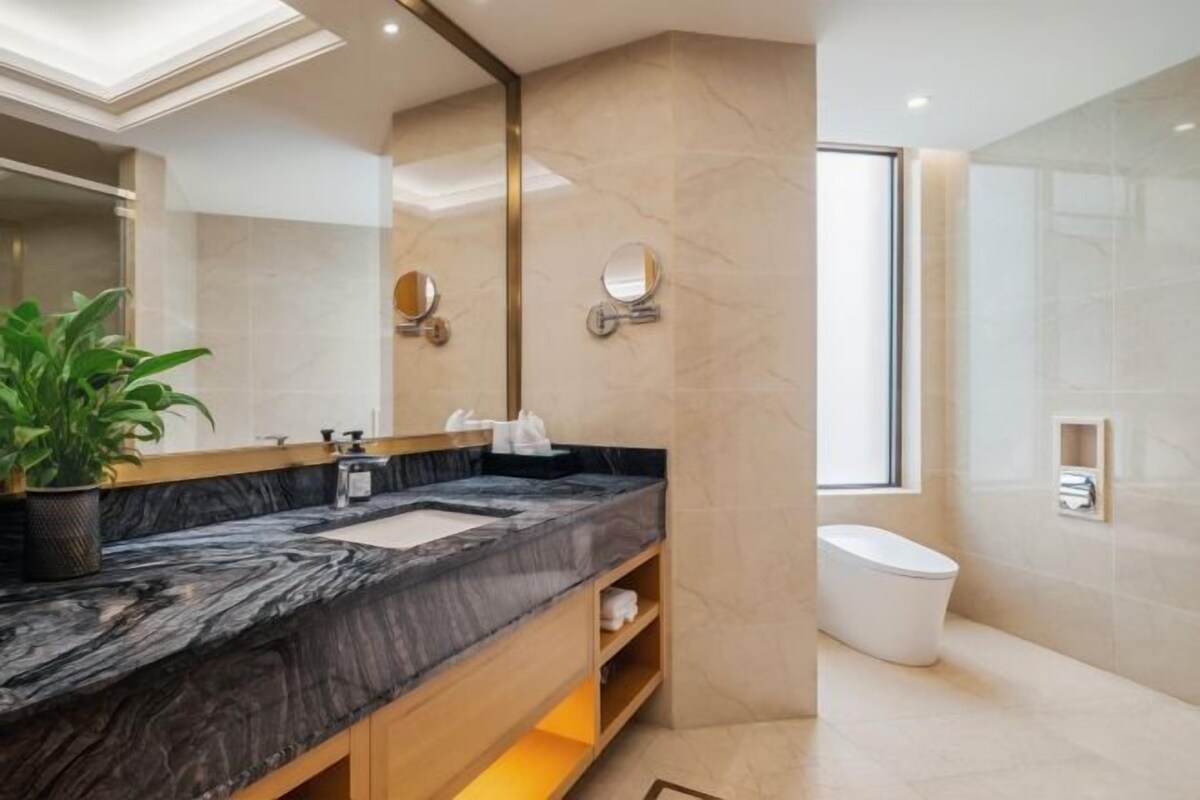 Une salle de bain moderne avec un meuble-lavabo en marbre, des toilettes et un grand miroir.