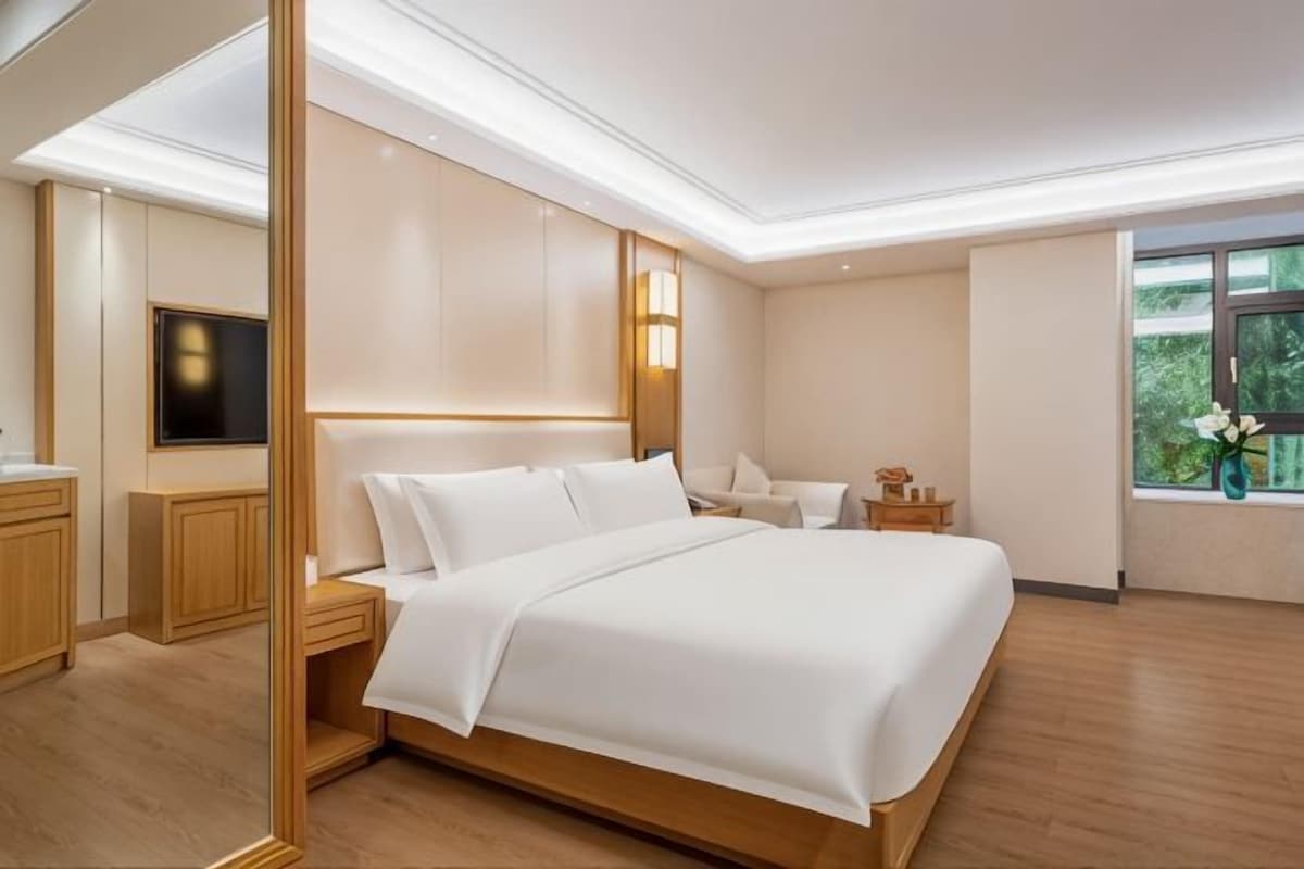 Habitación de hotel moderna con una cama grande, mesitas de noche, un televisor y una ventana con vista a zonas verdes.