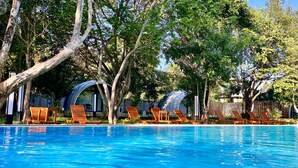 A swimming pool with wooden lounge chairs and tree-lined surroundings. - Nivadoo resort sigiriya (Sigiriya)