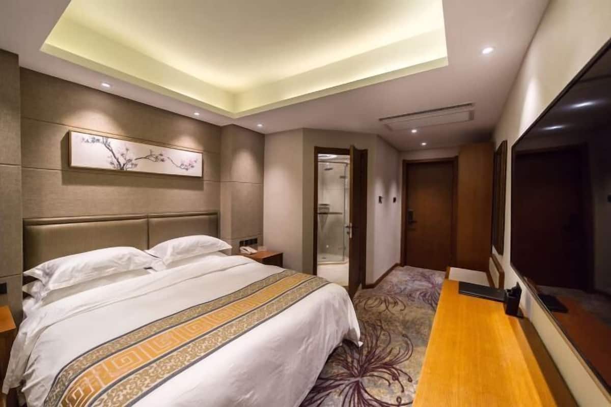 Una habitación de hotel con una cama grande, una mesita de noche, un espejo y una lámpara en el techo.