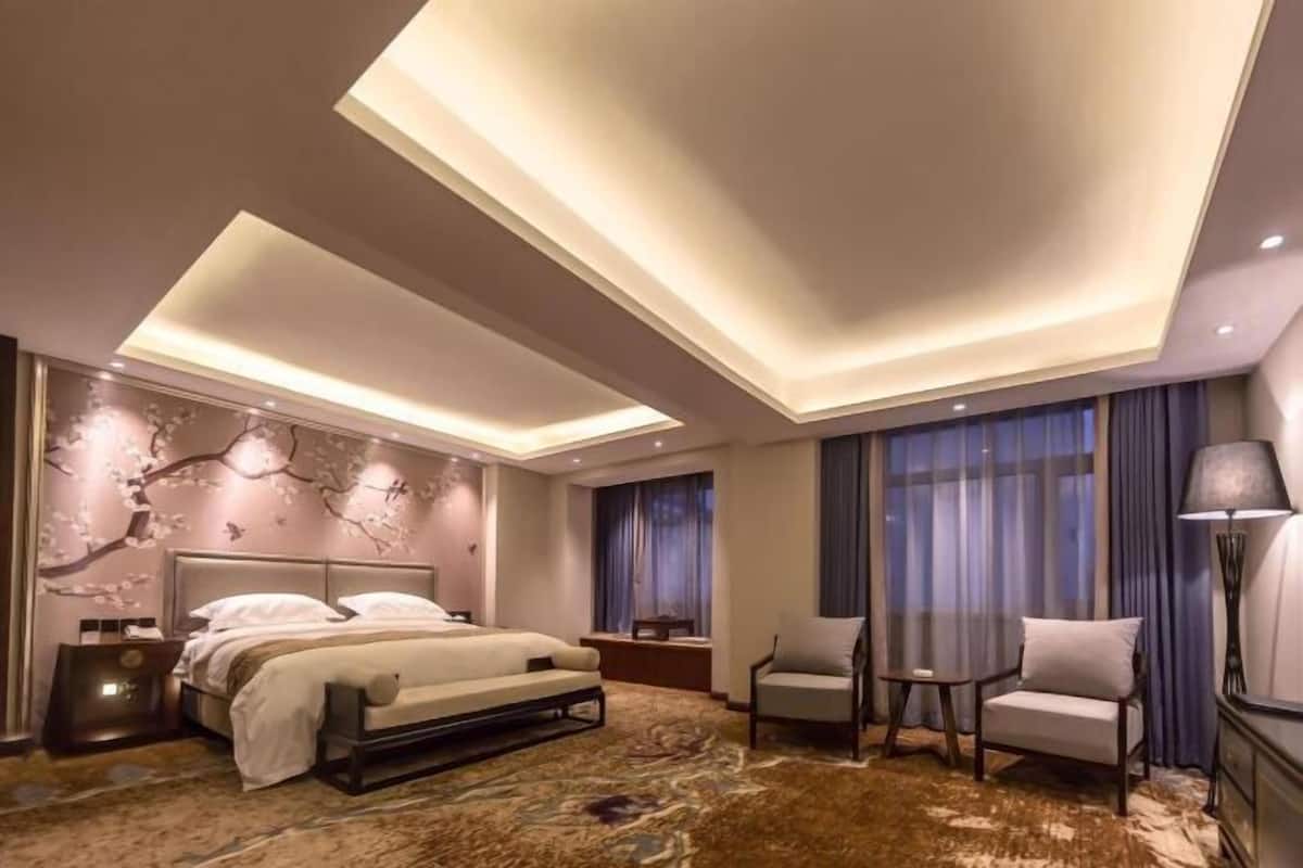 Una habitación de hotel moderna con una cama grande, un escritorio, dos sillas y un aplique de techo.