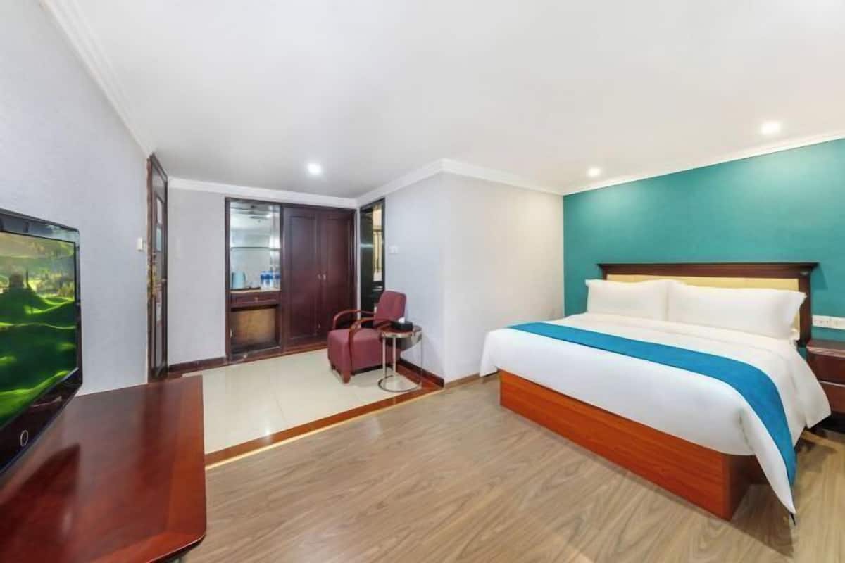 Une chambre d’hôtel comprenant un lit, une télévision, un bureau, une chaise et une armoire.