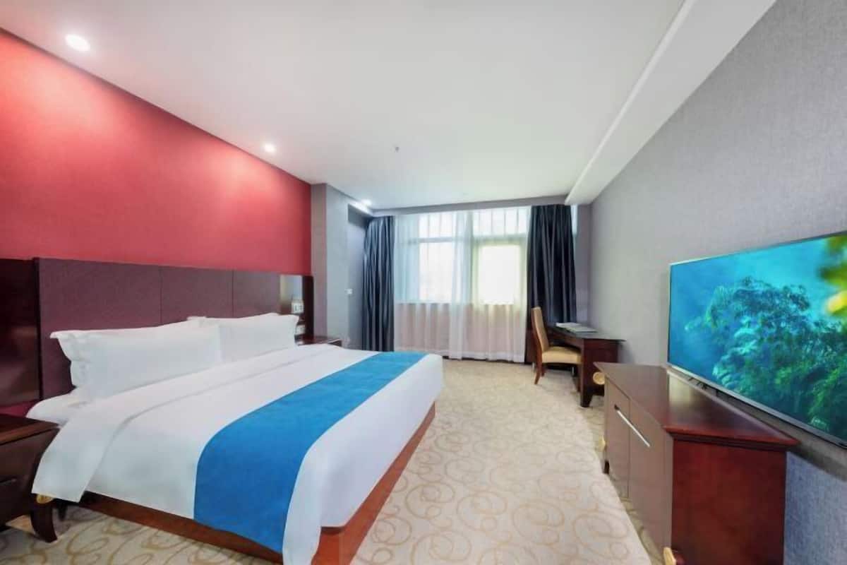Une chambre d’hôtel avec un lit, une télévision, un bureau et une fenêtre avec des rideaux.