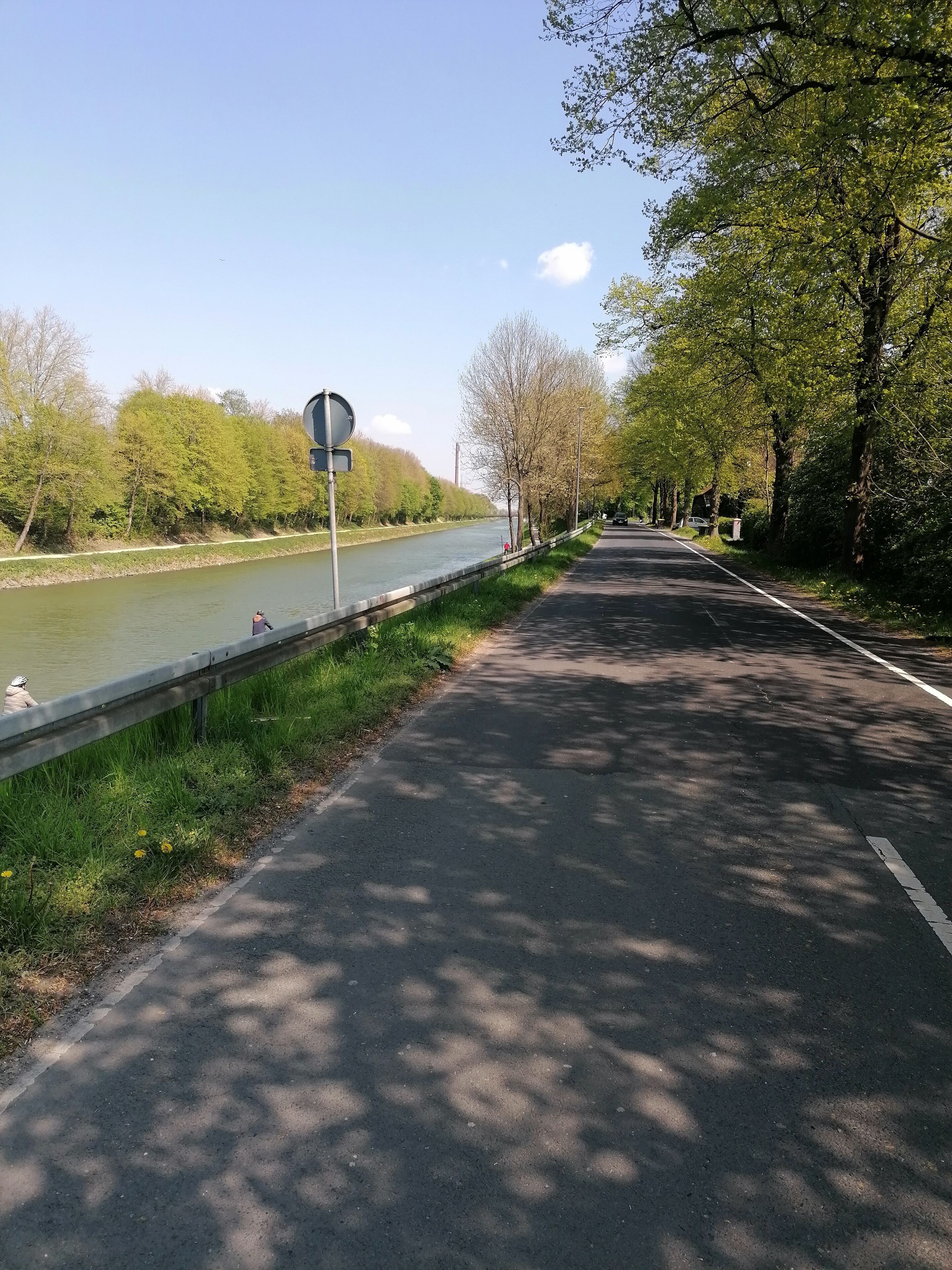 Een geplaveid pad langs een rivier, omzoomd door bomen en een leuning.