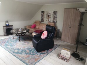 Smart TV, fireplace, DVD player, books