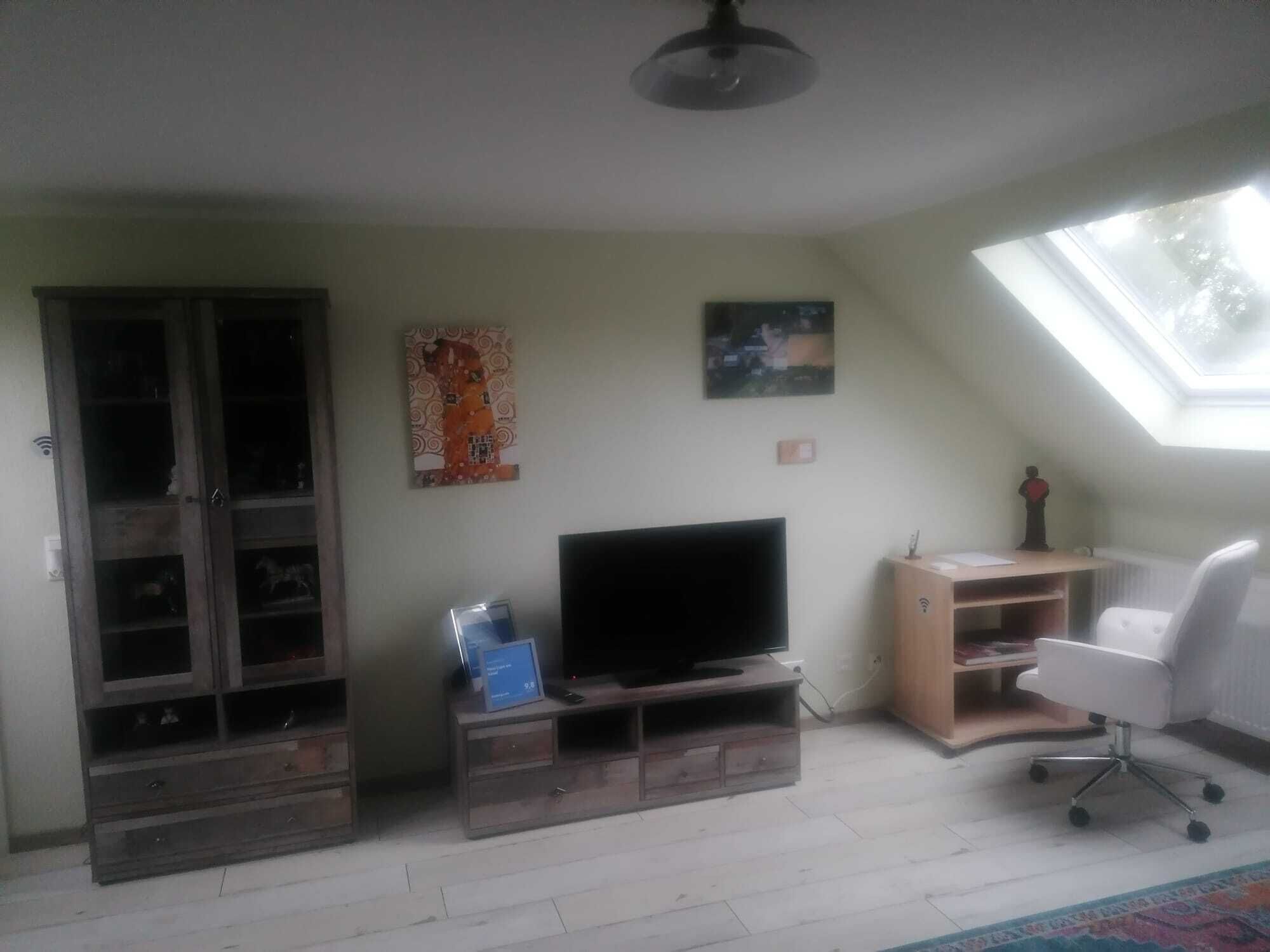 Un soggiorno con televisione, mobiletto in legno e finestra sul tetto.