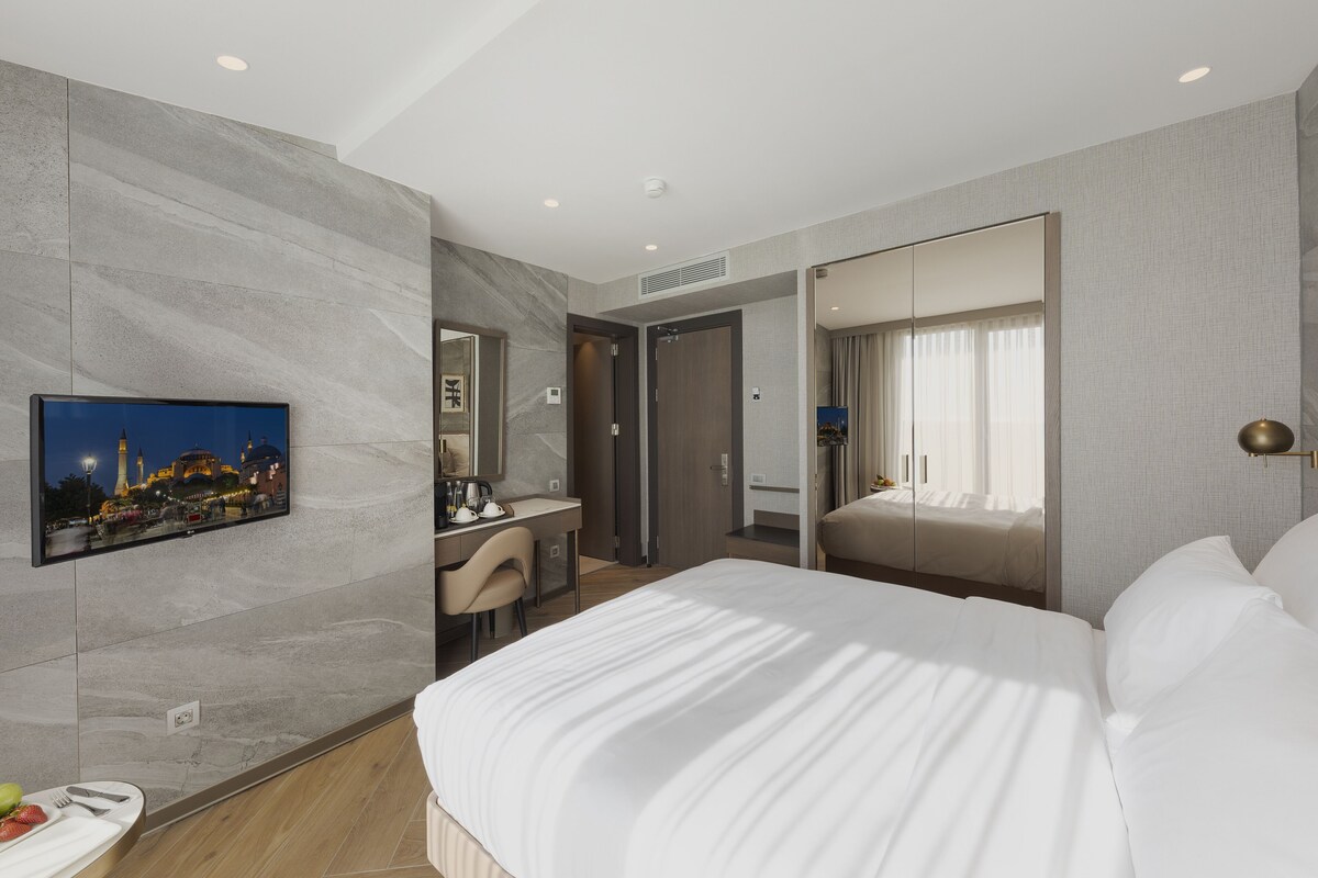 Habitación de hotel con cama, escritorio, silla, televisor y un espejo grande.