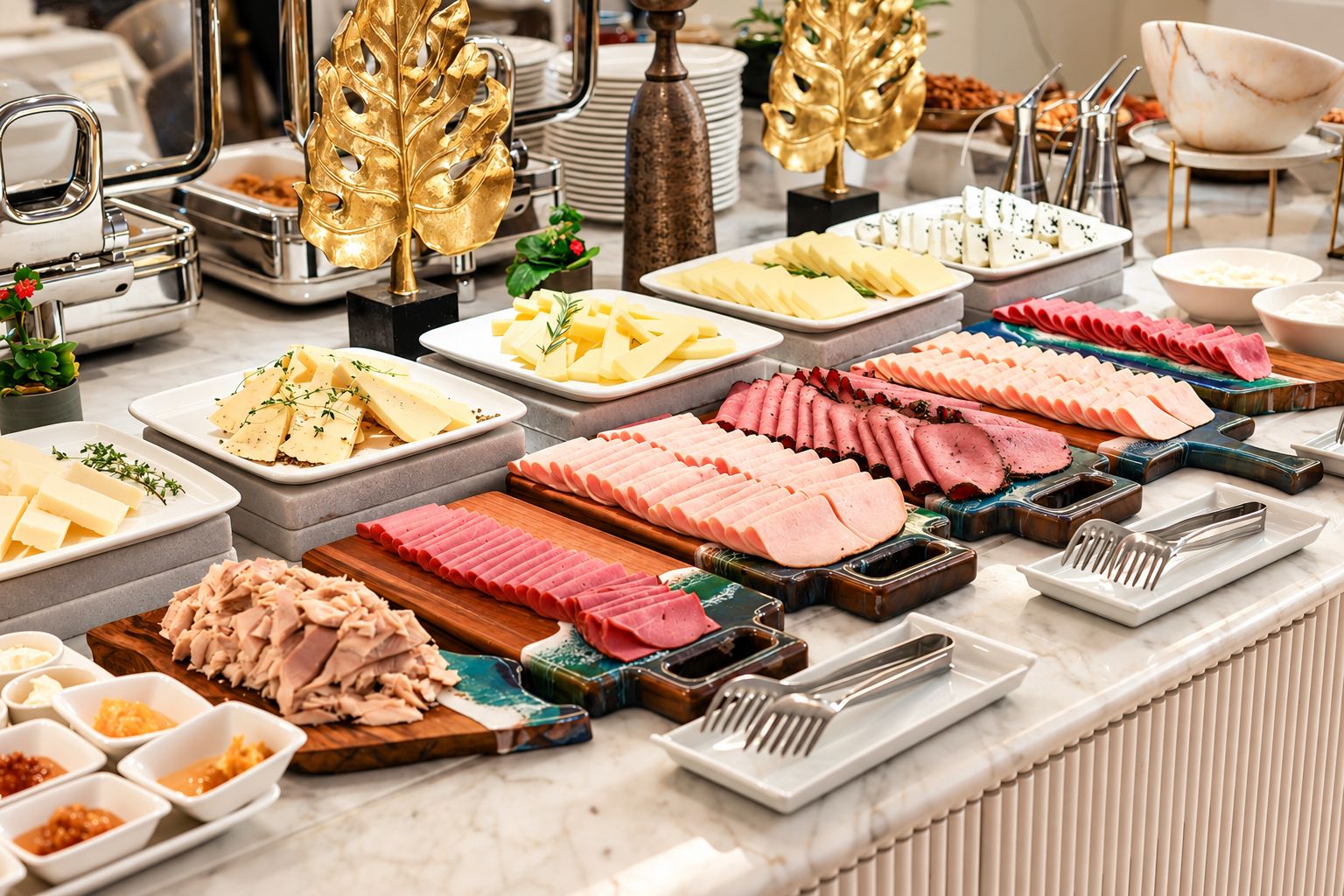 A buffet with various food items and utensils.